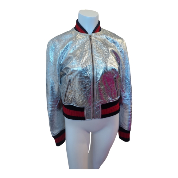 Gucci Resort 2016 Crackled Bomber Jacket Femme Silver IT 40 - Picture 8 of 10